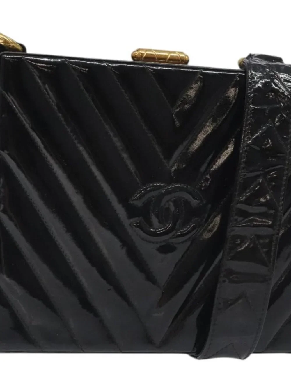 CHANEL V Stitch COCO Mark Shoulder Bag Patent leather Black Gold CC Auth 126704